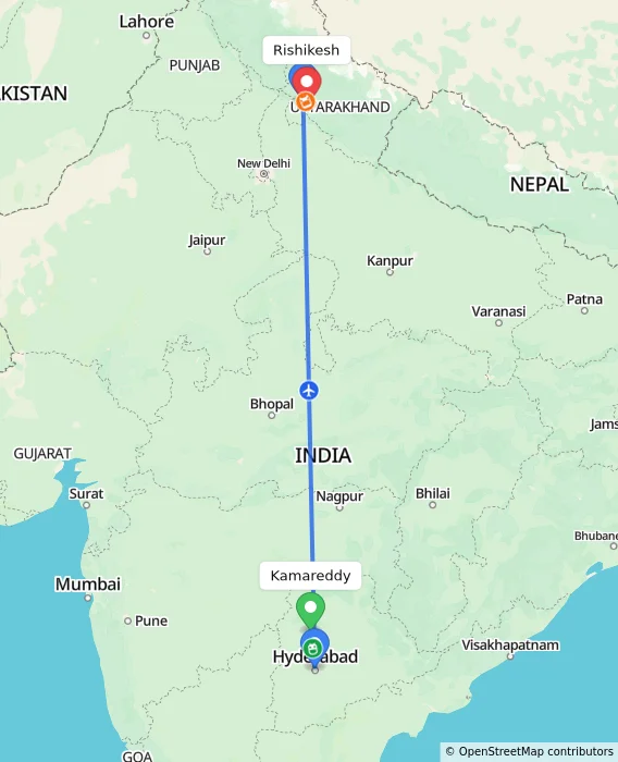 Route map showing distance and travel time from Kamareddy, India to Rishikesh, India
