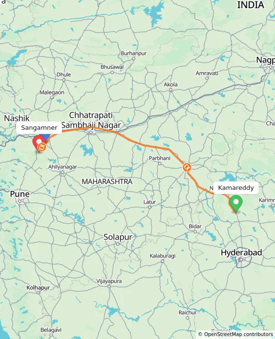 Route map showing distance and travel time from Kamareddy, India to Sangamner, India