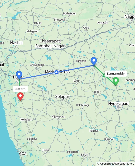 Route map showing distance and travel time from Kamareddy, India to Satara, India
