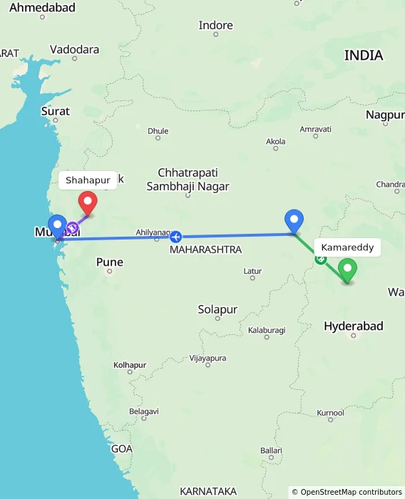 Route map showing distance and travel time from Kamareddy, India to Shahapur, India