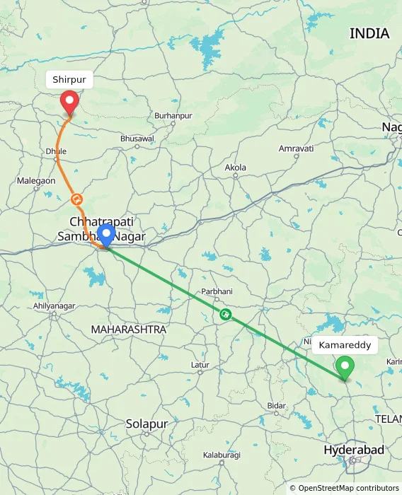 Route map showing distance and travel time from Kamareddy, India to Shirpur, India