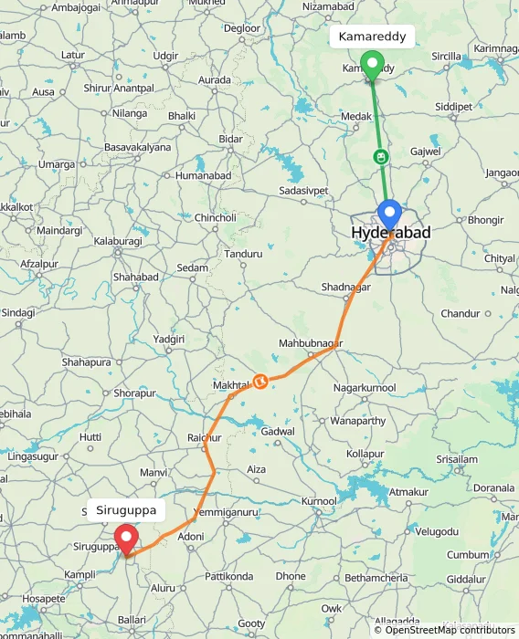 Route map showing distance and travel time from Kamareddy, India to Siruguppa, India