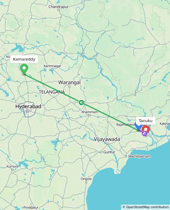 Route map showing distance and travel time from Kamareddy, India to Tanuku, India