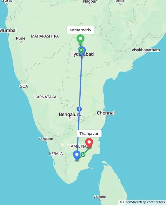 Route map showing distance and travel time from Kamareddy, India to Thanjavur, India
