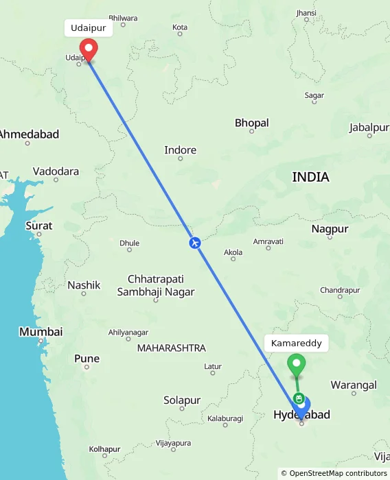 Route map showing distance and travel time from Kamareddy, India to Udaipur, India
