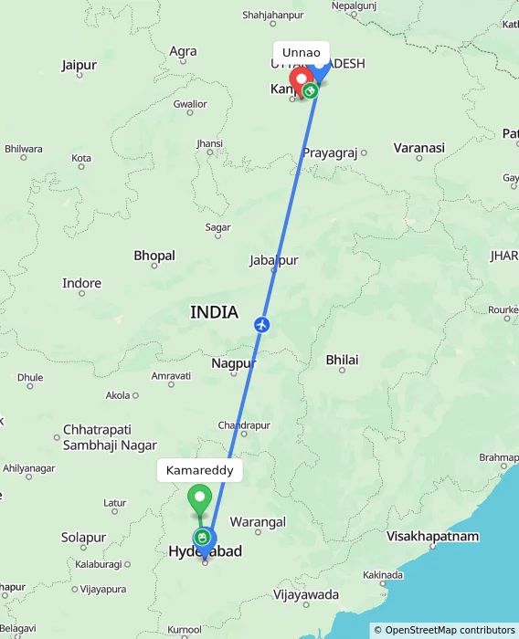 Route map showing distance and travel time from Kamareddy, India to Unnao, India