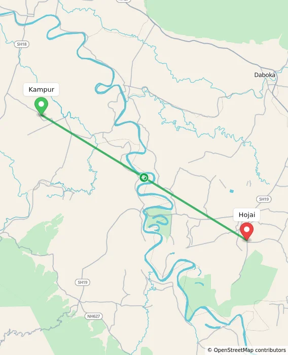 Route map showing distance and travel time from Kampur, India to Hojai, India