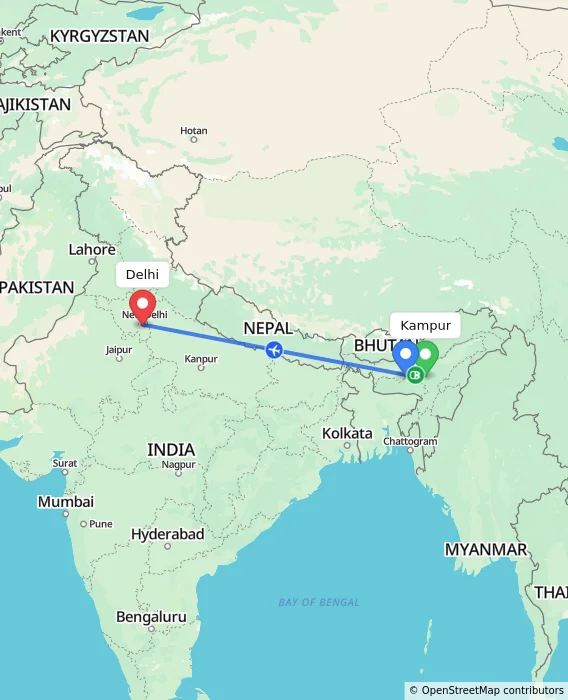Route map showing distance and travel time from Kampur, India to Delhi, India