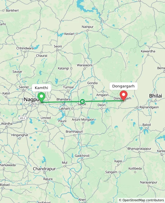 Route map showing distance and travel time from Kamthi, India to Dongargarh, India