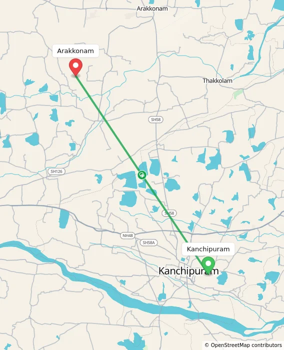 Route map showing distance and travel time from Kanchipuram, India to Arakkonam, India