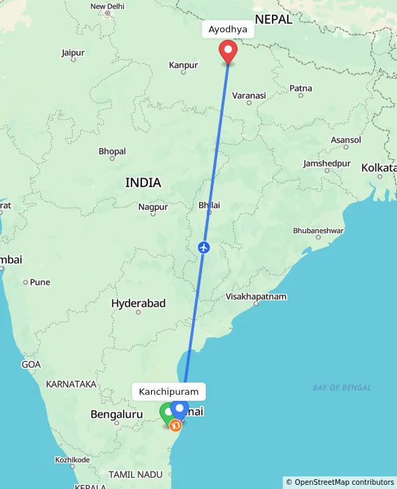 Route map showing distance and travel time from Kanchipuram, India to Ayodhya, India