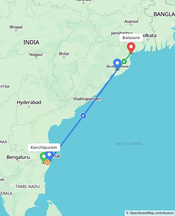 Route map showing distance and travel time from Kanchipuram, India to Balasore, India