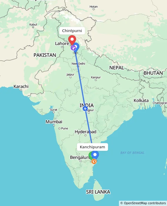Route map showing distance and travel time from Kanchipuram, India to Chintpurni, India