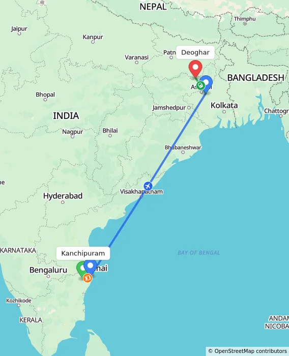 Route map showing distance and travel time from Kanchipuram, India to Deoghar, India