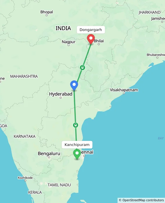 Route map showing distance and travel time from Kanchipuram, India to Dongargarh, India