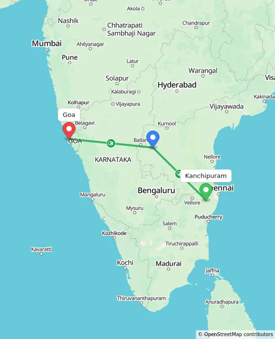 Route map showing distance and travel time from Kanchipuram, India to Goa, India