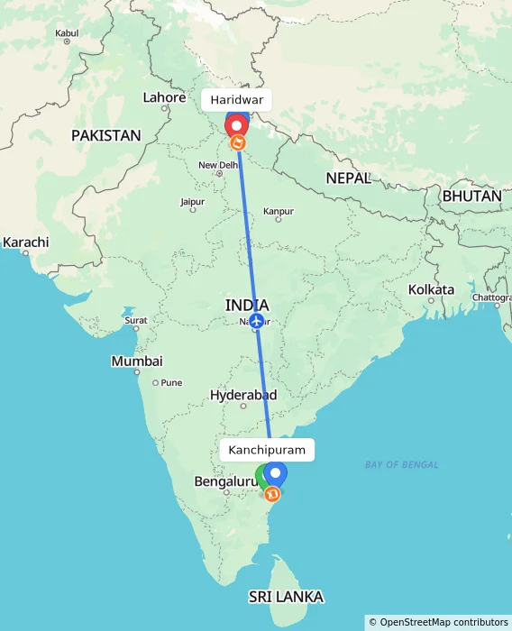 Route map showing distance and travel time from Kanchipuram, India to Haridwar, India
