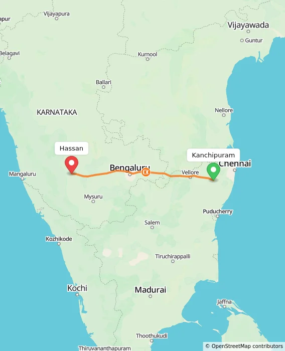 Route map showing distance and travel time from Kanchipuram, India to Hassan, India
