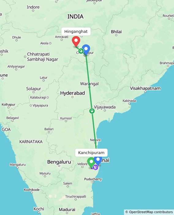 Route map showing distance and travel time from Kanchipuram, India to Hinganghat, India