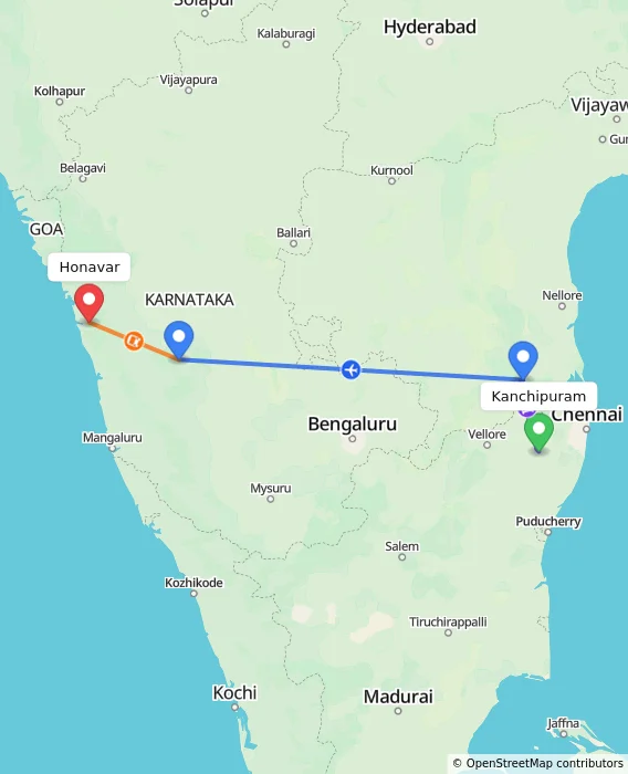 Route map showing distance and travel time from Kanchipuram, India to Honavar, India