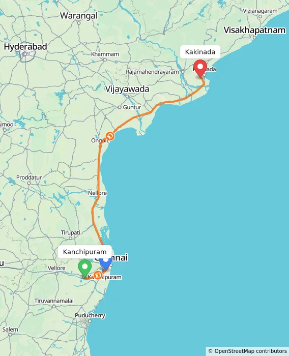 Route map showing distance and travel time from Kanchipuram, India to Kakinada, India