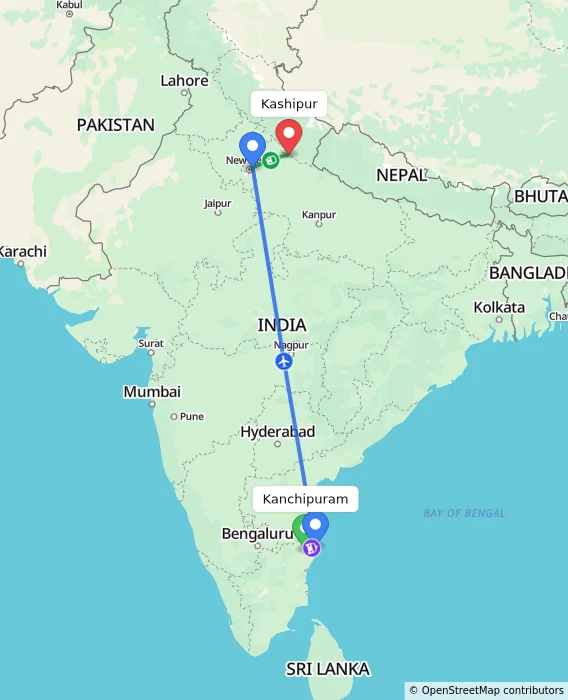 Route map showing distance and travel time from Kanchipuram, India to Kashipur, India