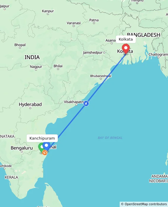 Route map showing distance and travel time from Kanchipuram, India to Kolkata, India