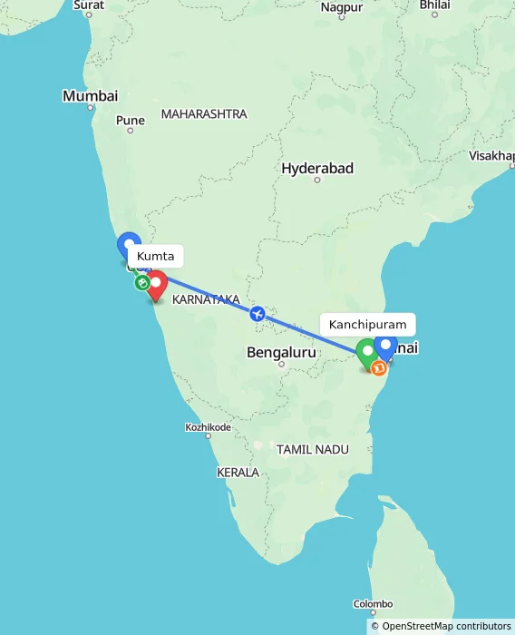 Route map showing distance and travel time from Kanchipuram, India to Kumta, India
