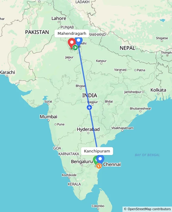 Route map showing distance and travel time from Kanchipuram, India to Mahendragarh, India