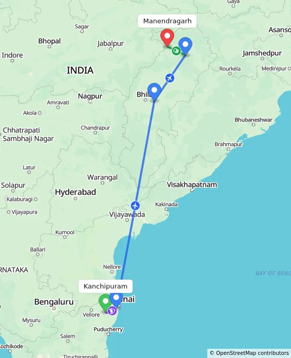 Route map showing distance and travel time from Kanchipuram, India to Manendragarh, India