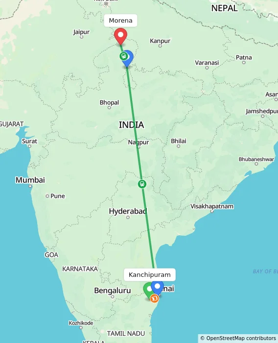 Route map showing distance and travel time from Kanchipuram, India to Morena, India