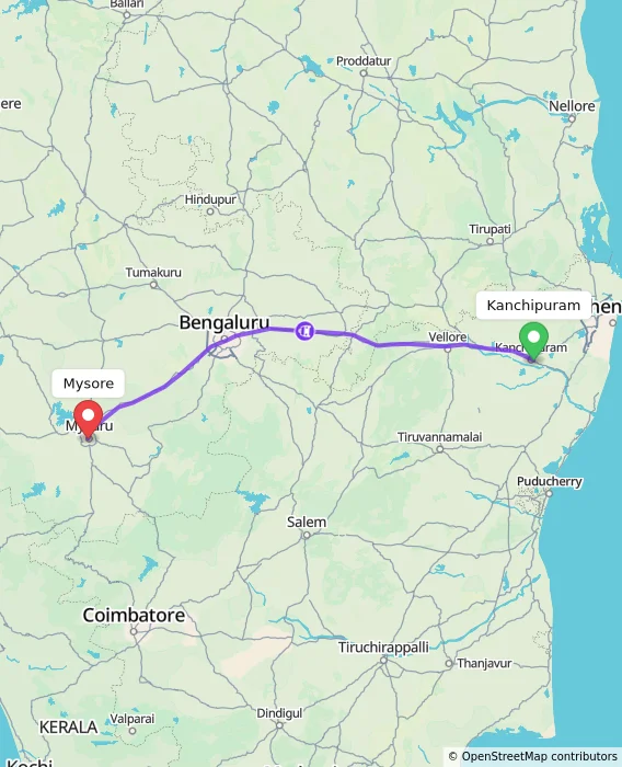 Route map showing distance and travel time from Kanchipuram, India to Mysore, India
