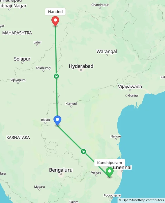 Route map showing distance and travel time from Kanchipuram, India to Nanded, India