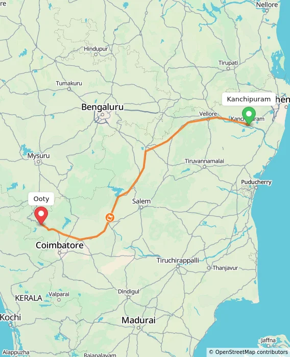 Route map showing distance and travel time from Kanchipuram, India to Ooty, India