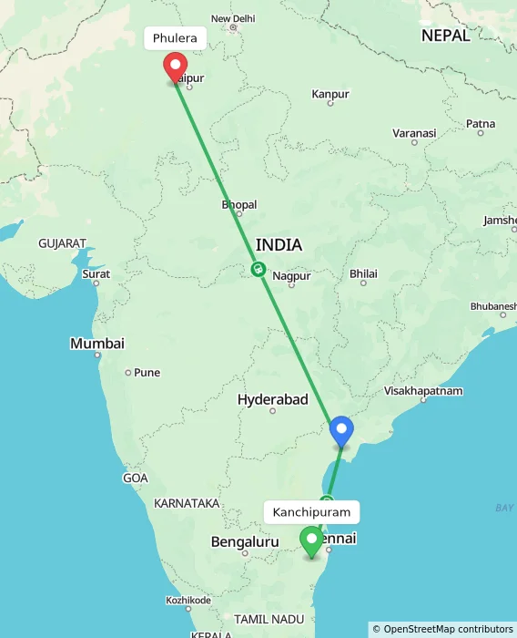 Route map showing distance and travel time from Kanchipuram, India to Phulera, India