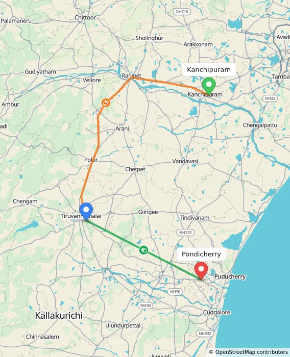 Route map showing distance and travel time from Kanchipuram, India to Puducherry, India