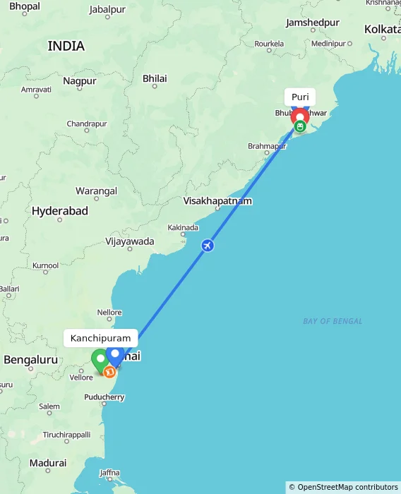 Route map showing distance and travel time from Kanchipuram, India to Puri, India