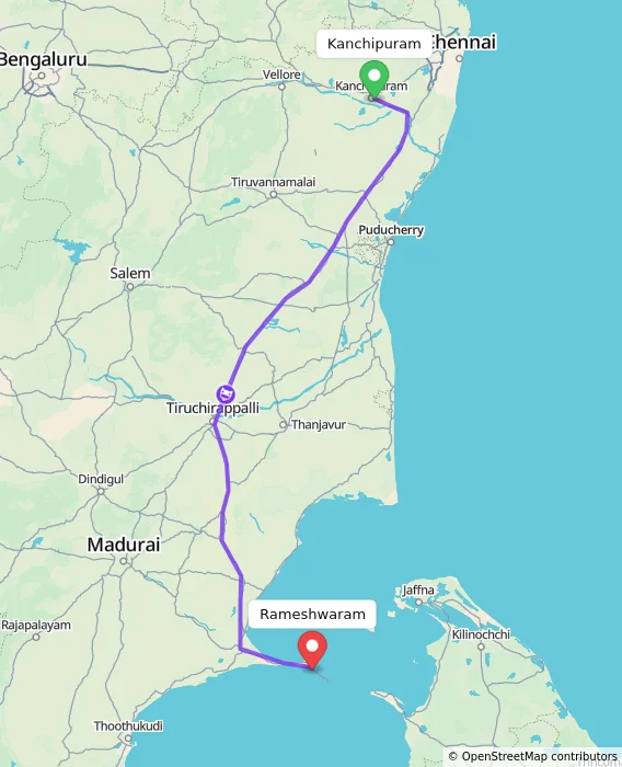 Route map showing distance and travel time from Kanchipuram, India to Rameshwaram, India
