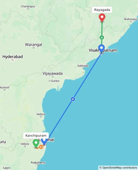 Route map showing distance and travel time from Kanchipuram, India to Rayagada, India