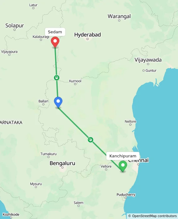 Route map showing distance and travel time from Kanchipuram, India to Sedam, India