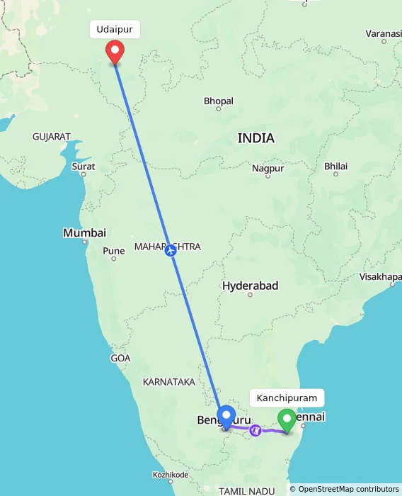 Route map showing distance and travel time from Kanchipuram, India to Udaipur, India