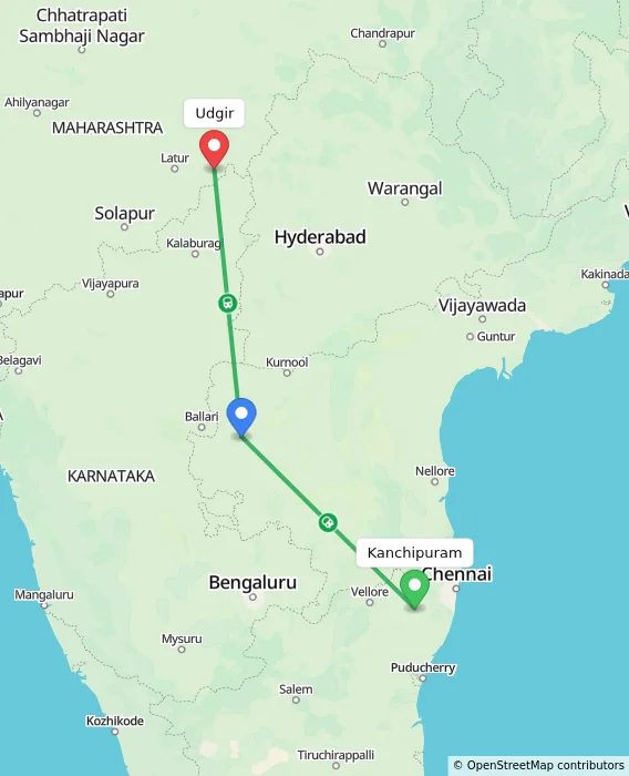 Route map showing distance and travel time from Kanchipuram, India to Udgir, India