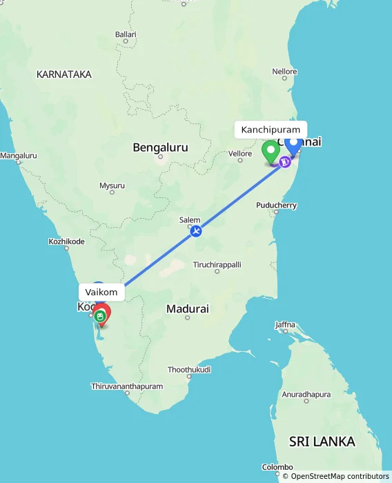Route map showing distance and travel time from Kanchipuram, India to Vaikom, India