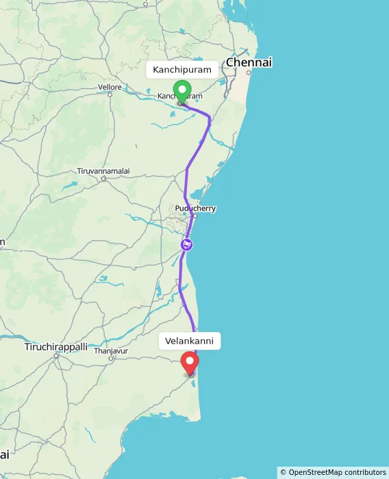 Route map showing distance and travel time from Kanchipuram, India to Velankanni, India
