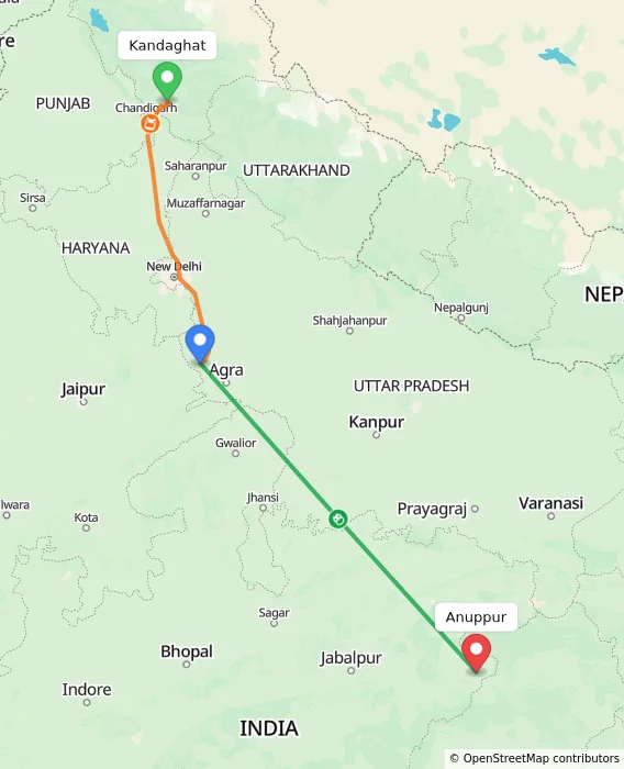 Route map showing distance and travel time from Kandaghat, India to Anuppur, India