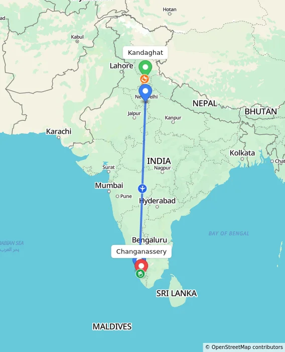 Route map showing distance and travel time from Kandaghat, India to Changanassery, India