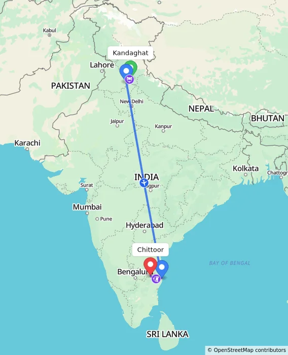Route map showing distance and travel time from Kandaghat, India to Chittoor, India