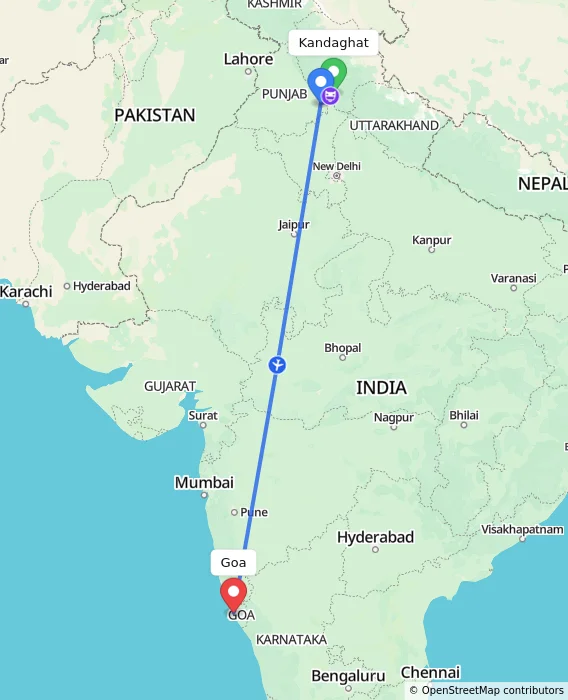 Route map showing distance and travel time from Kandaghat, India to Goa, India