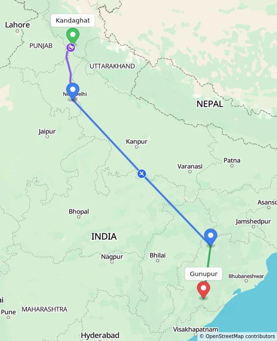 Route map showing distance and travel time from Kandaghat, India to Gunupur, India