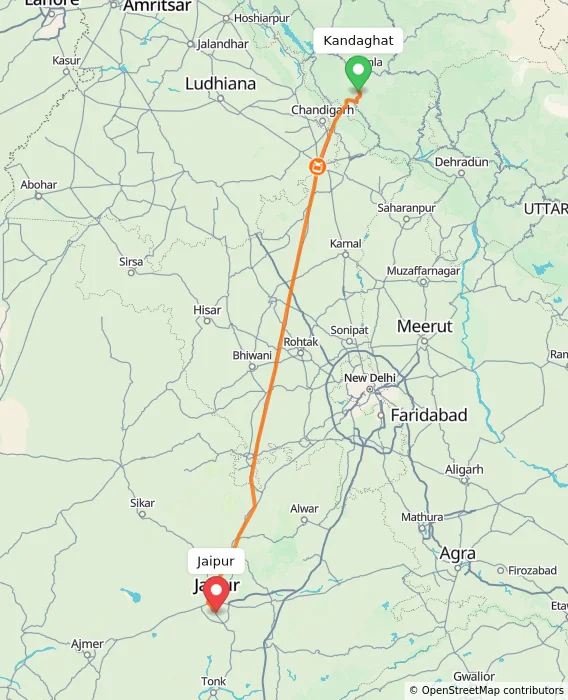 Route map showing distance and travel time from Kandaghat, India to Jaipur, India